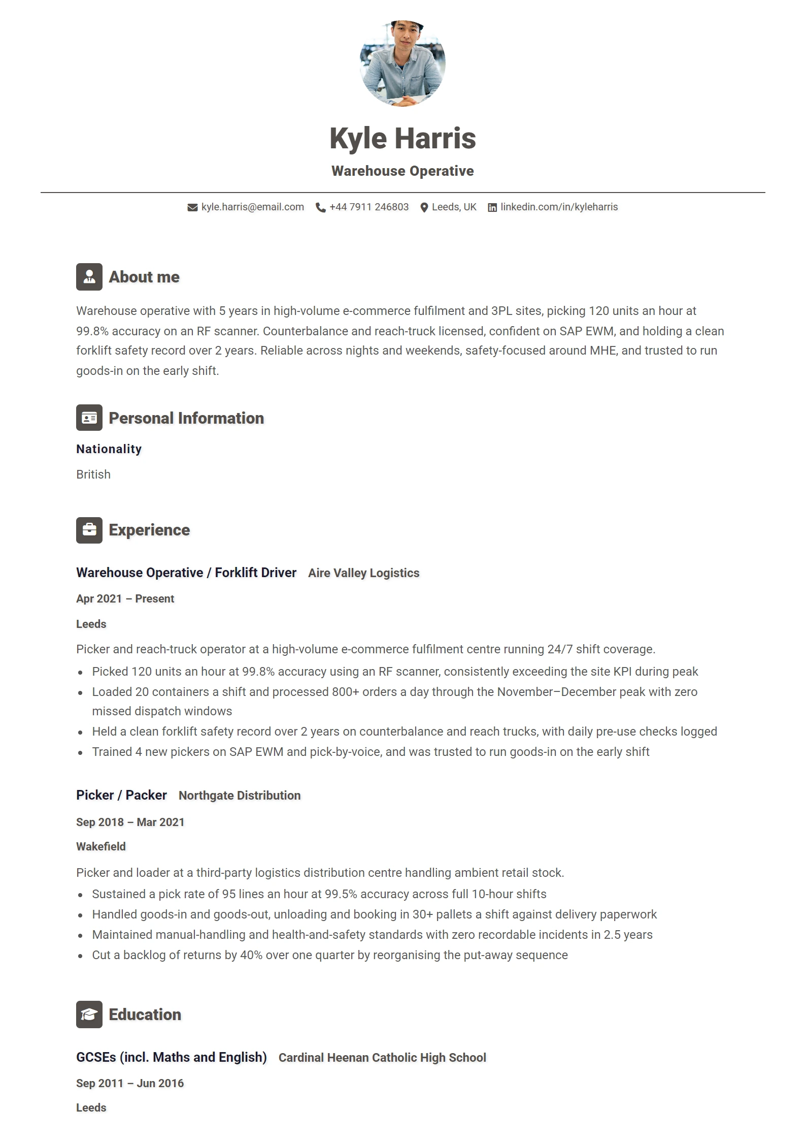 Warehouse Operative CV Example — sample CV, page one