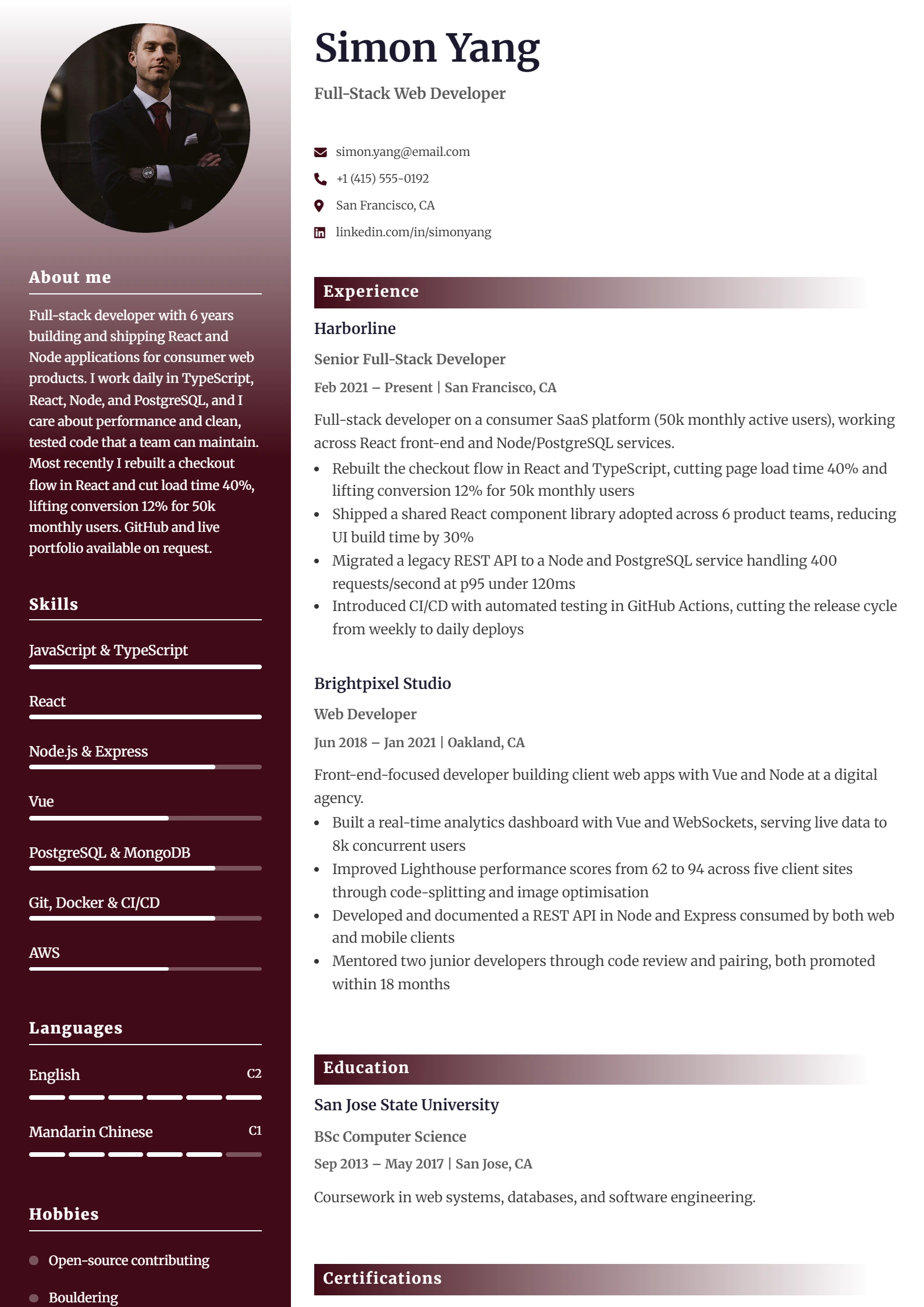 Web Developer CV Example — sample CV, page one