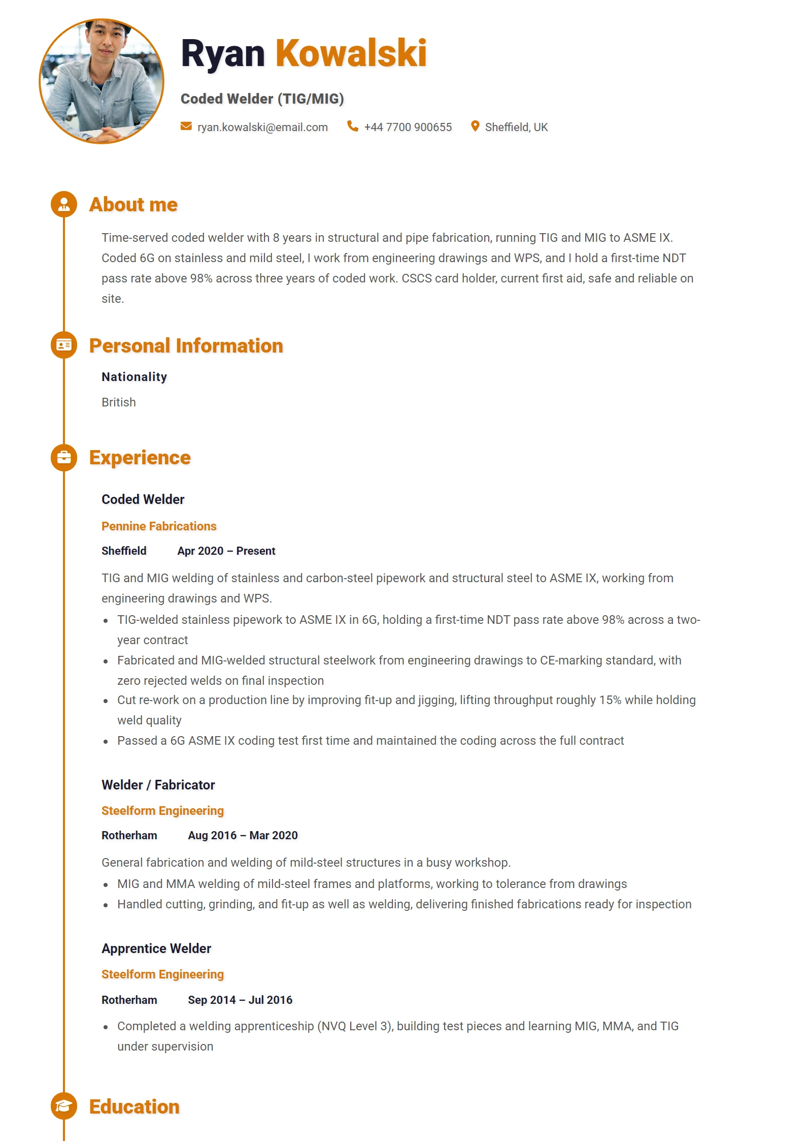 Welder CV Example — sample CV, page one