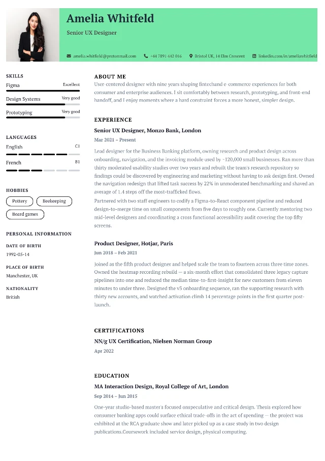 Mint CV template preview